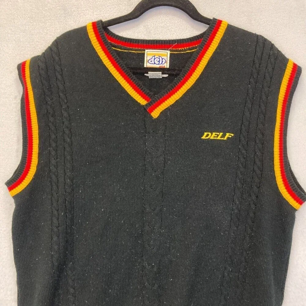 Delf USA Vintage Knit Sweater Vest Mens XL Black Red Hip Hop Retro 90s Y2K - Picture 7 of 13